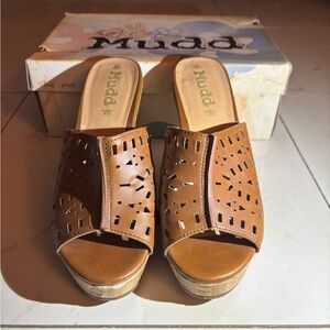 Mudd Tan Laser-Cut Leather Slide Wedge Mules